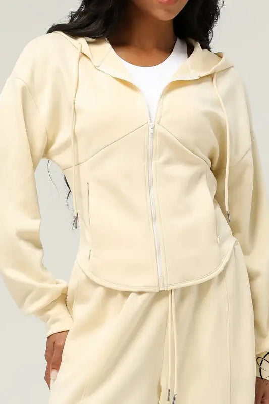 Beige hooded zip-up casual cardigan sweater