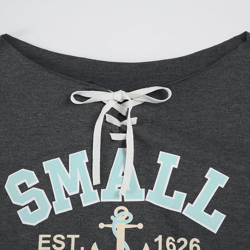 Gray lace-up sweatshirt from Street Letter Graphic Print Sweatshirt for stylish fashion ملابس