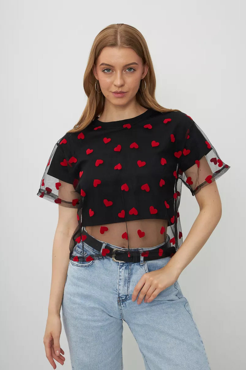 Black mesh crop top with red heart pattern and sheer sleeves for stylish langry fashion