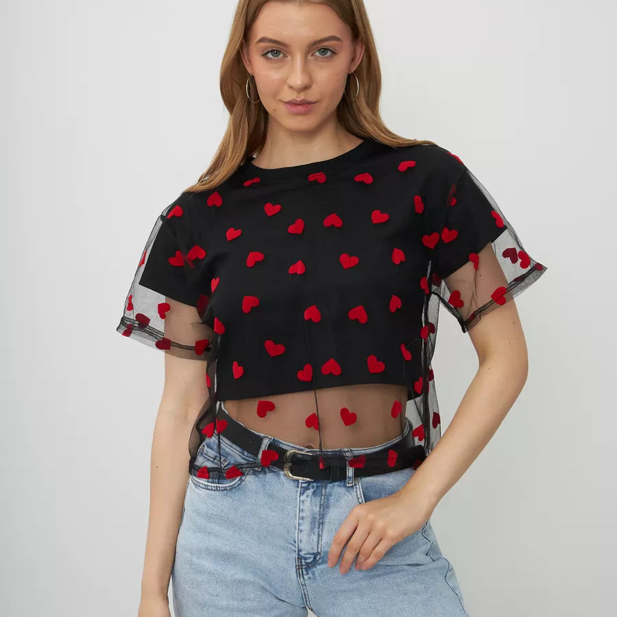 Black mesh crop top with red heart pattern and sheer sleeves for stylish langry fashion