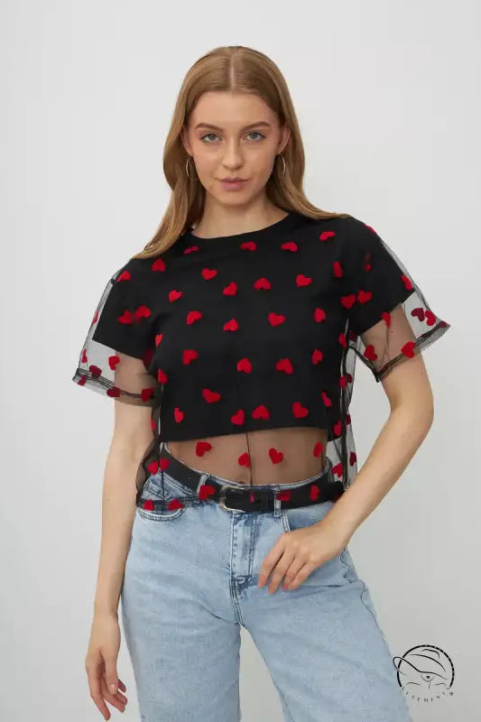Elegant faux cotton short black mesh crop top with red heart pattern