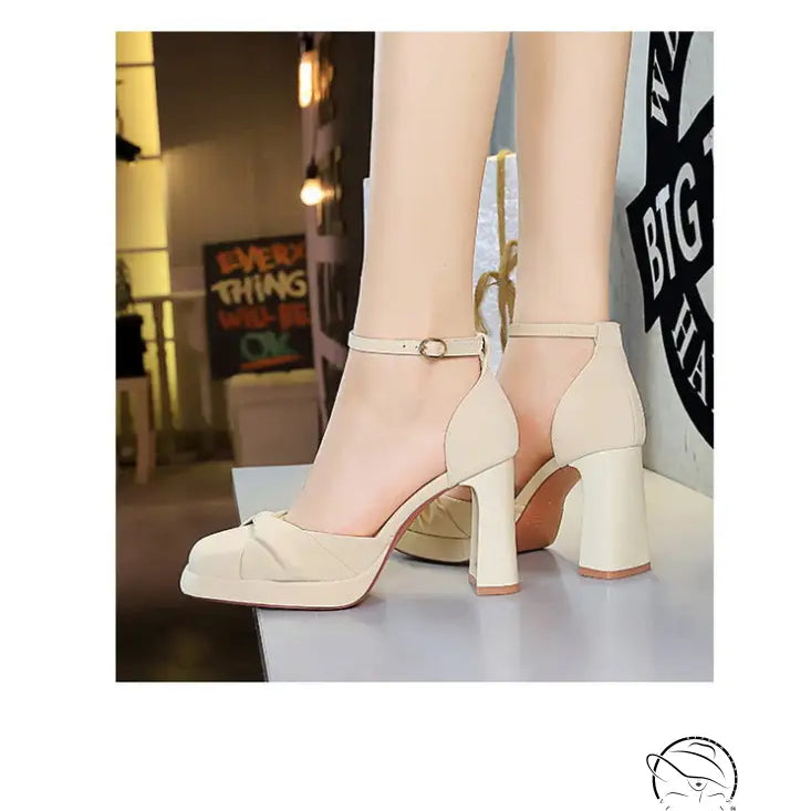 Cream-colored Strap Super High Heel ankle strap sandals with square toe and chunky heel