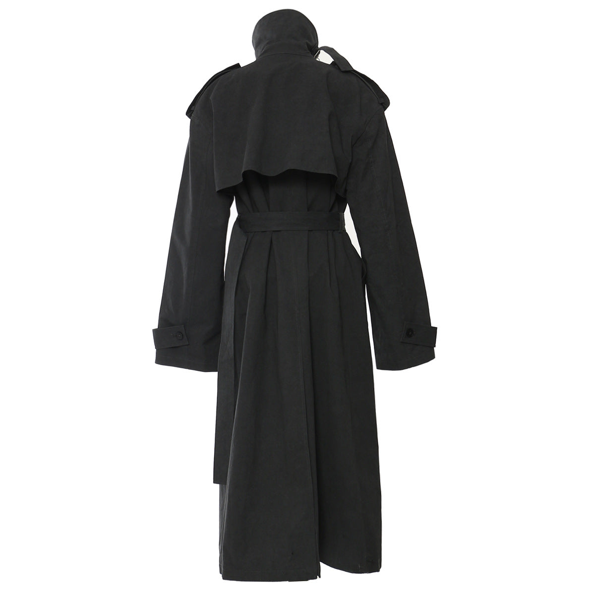 Langry casual fashion trench coat in black wool with double-breasted front and belt