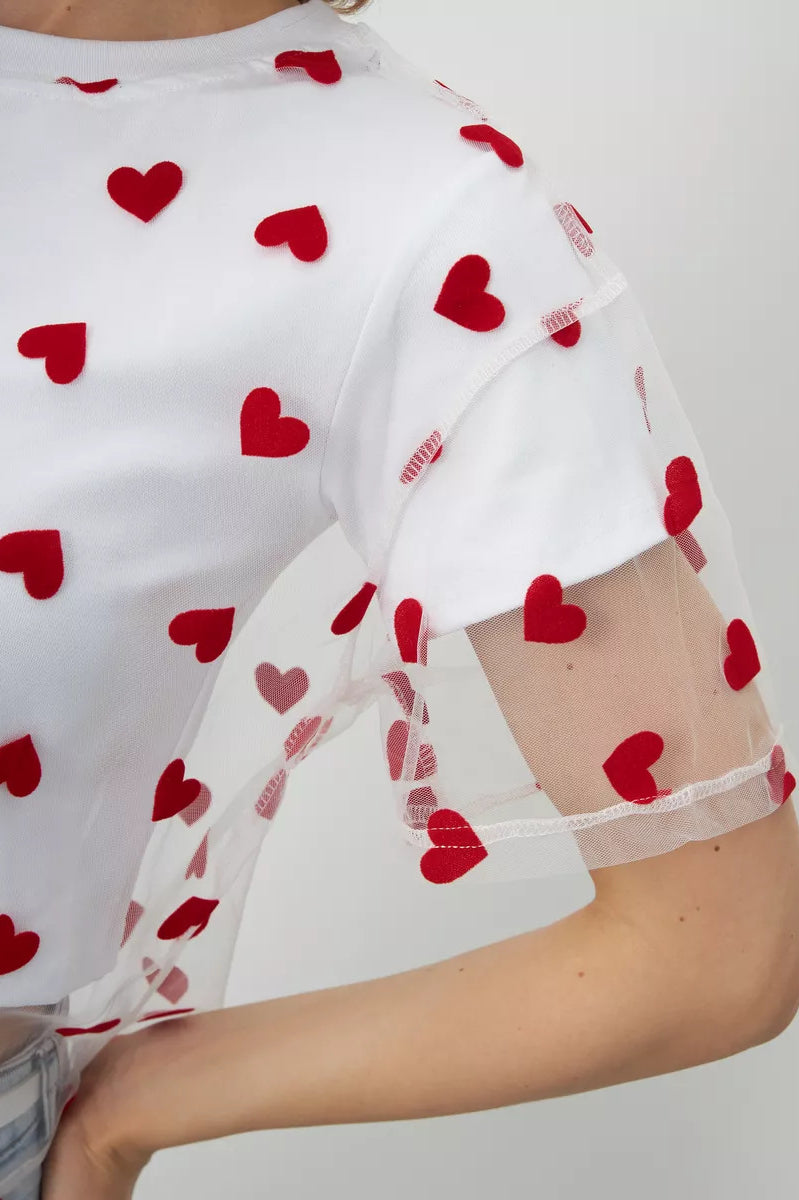 Elegant Faux Two Piece Cotton Short Top featuring a white blouse with red heart patterns