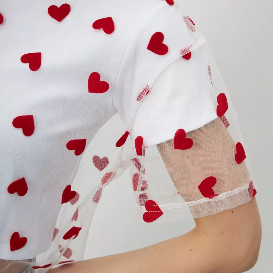 Elegant Faux Two Piece Cotton Short Top featuring a white blouse with red heart patterns