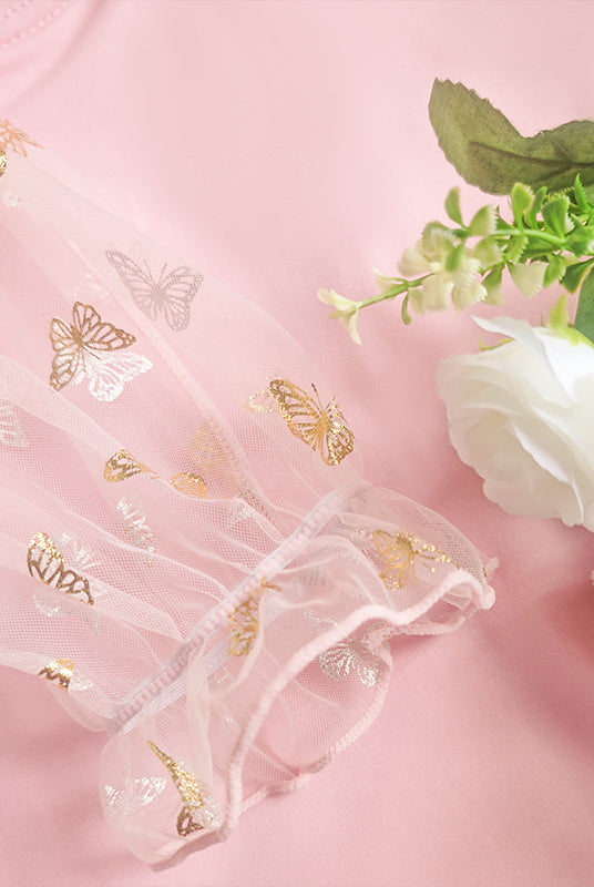 Elegant slim fit puff sleeve dress with pink butterfly-patterned sleeves, perfect for langry fashion and ملابس