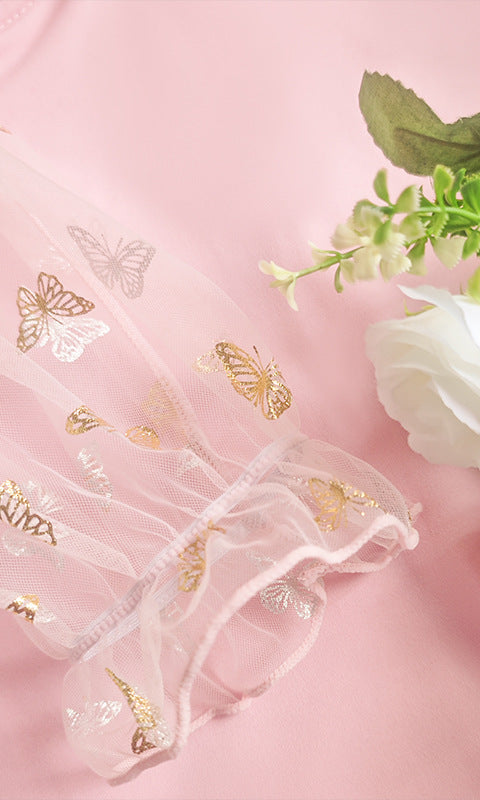 Elegant slim fit puff sleeve dress with pink butterfly-patterned sleeves, perfect for langry fashion and ملابس