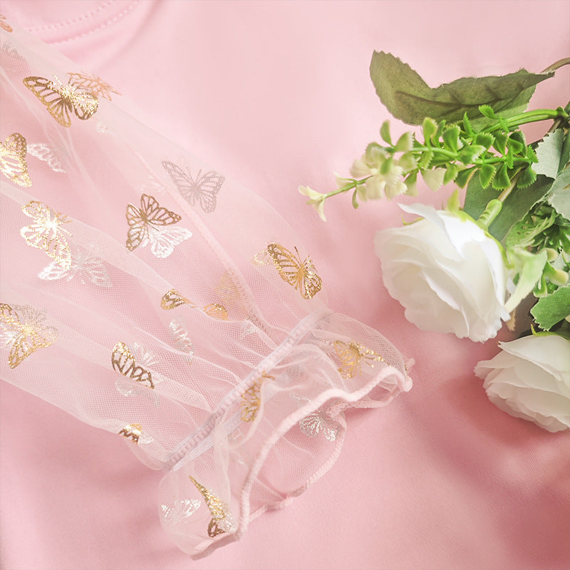 Elegant slim fit puff sleeve dress with pink butterfly-patterned sleeves, perfect for langry fashion and ملابس