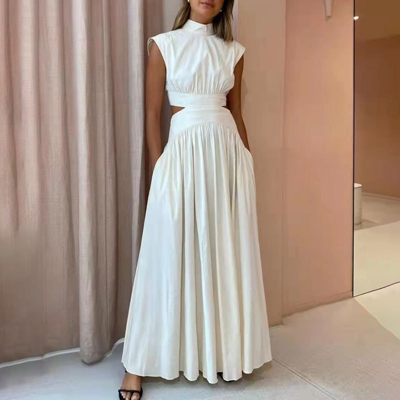 White high-neck cutout maxi dress as a stylish vacation dress with stand collar