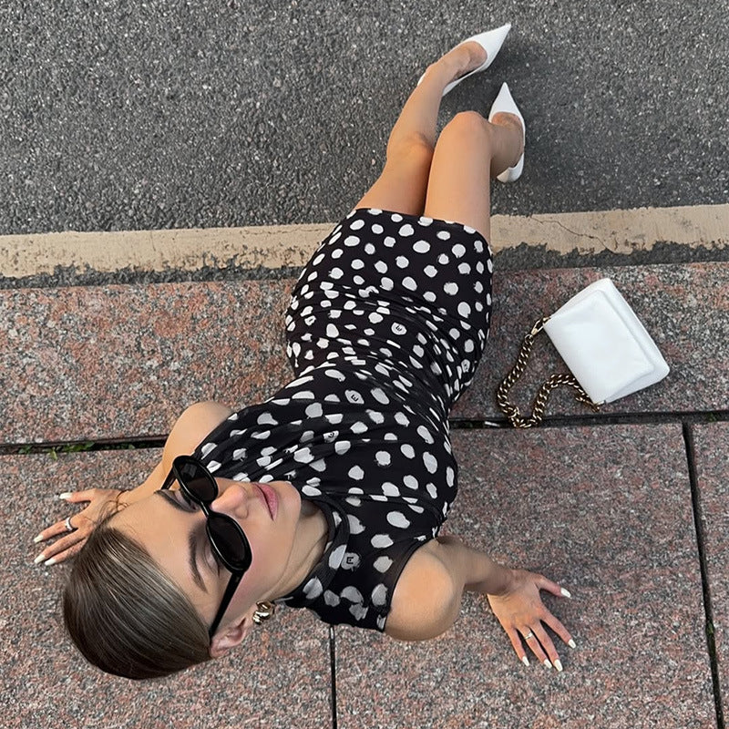 Langry polka dot print faux two-piece sheath dress in black and white cotton blend