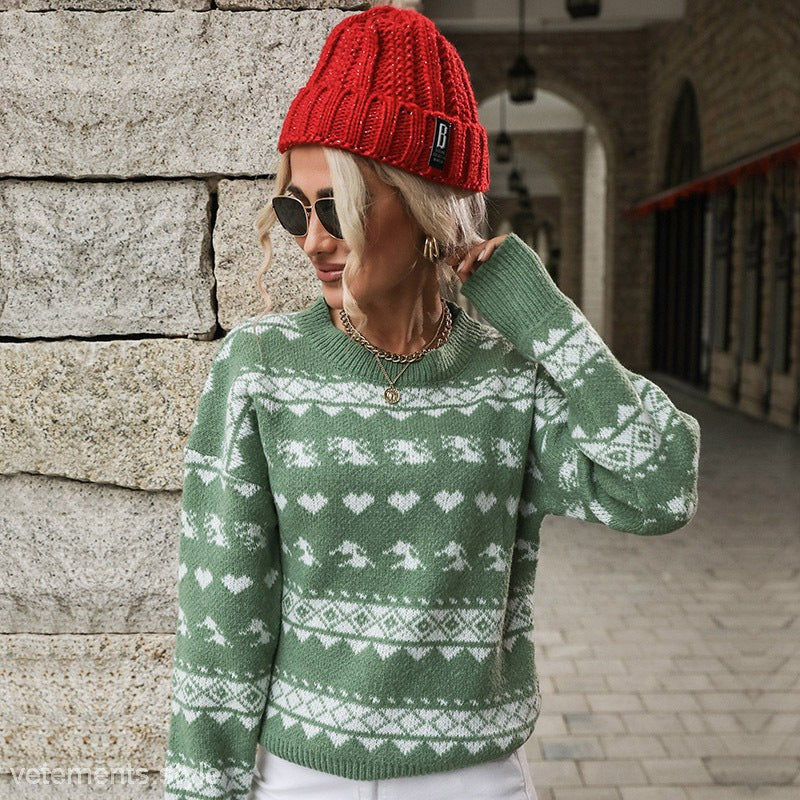 TRENDY ROUND NECK RED KNITTED CHRISTMAS SNOWFLAKE SWEATER-VETEMENTS