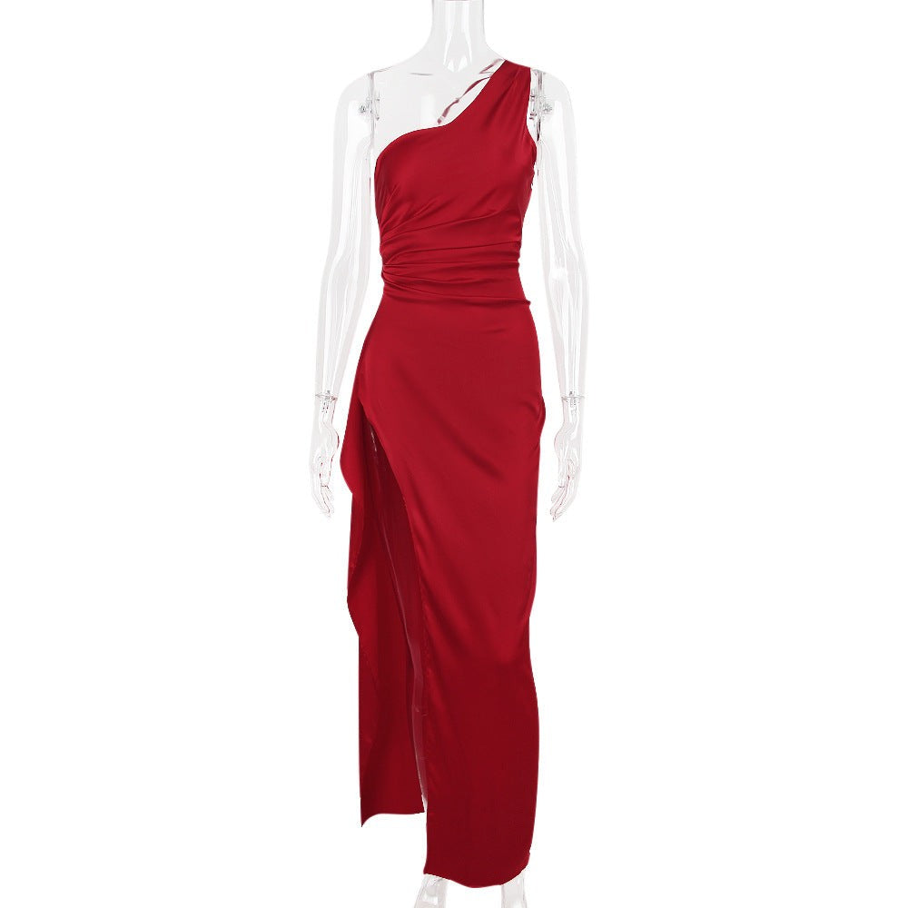 Red one-shoulder evening dress with free shipping, perfect for elegant occasions