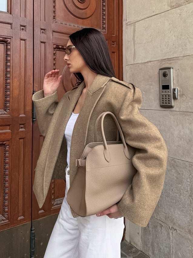 Langry fashion beige oversized bomber jacket with drawstring hood and pockets