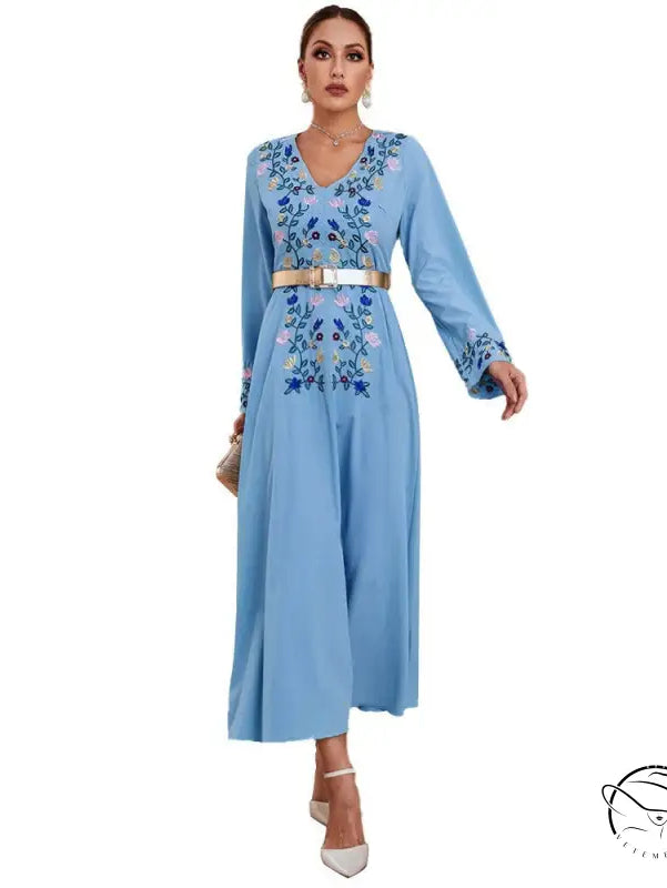 Middle East embroidered slim langry dress in light blue with floral fashion details