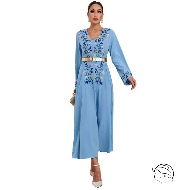 Middle East embroidered slim langry dress in light blue with floral fashion details