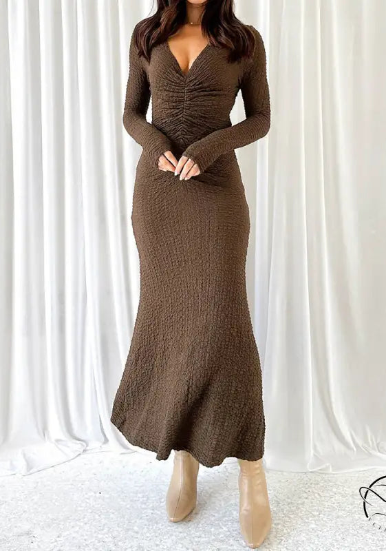 Beautiful knitted brown textured long-sleeved dress