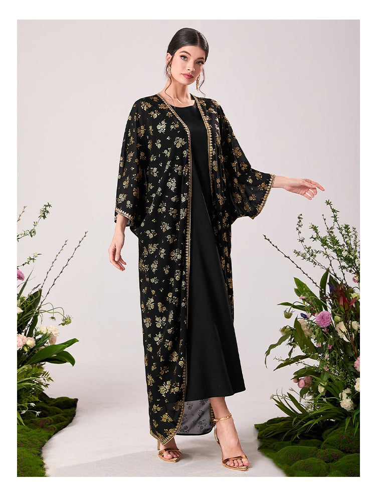 Elegant black floral kimono with gold trim in langry fashion ملابس
