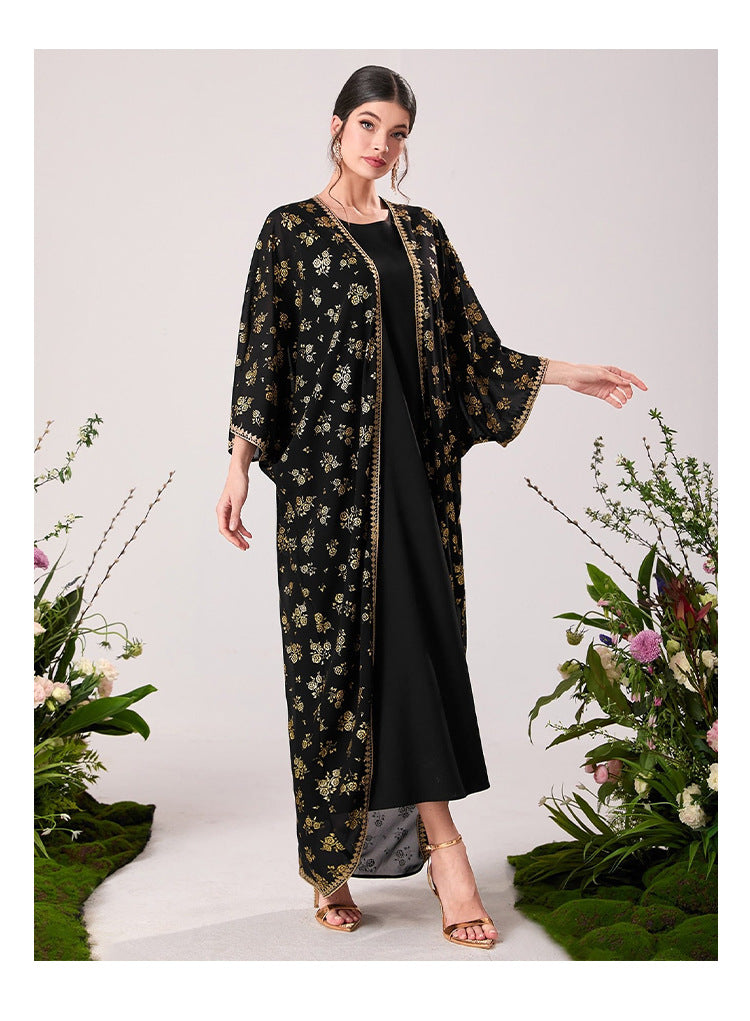 Elegant black floral kimono with gold trim in langry fashion ملابس