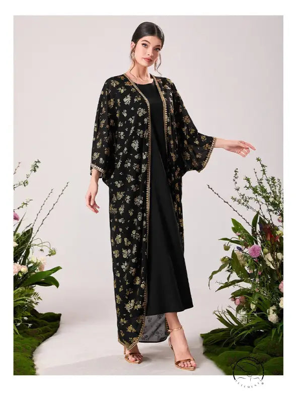 Black floral kimono with gold trim in langry fashion ملابس