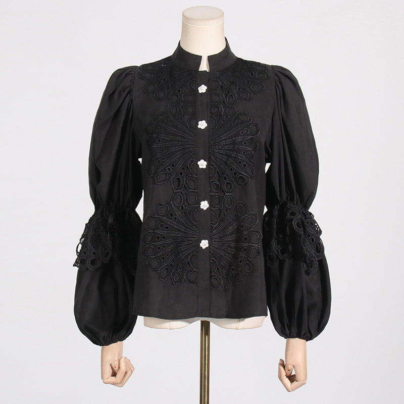 Elegant black blouse with embroidered details and puff sleeves, perfect for luxurious fashion and ملابس in French Artistic Palace Embroidery Jumpsuit style