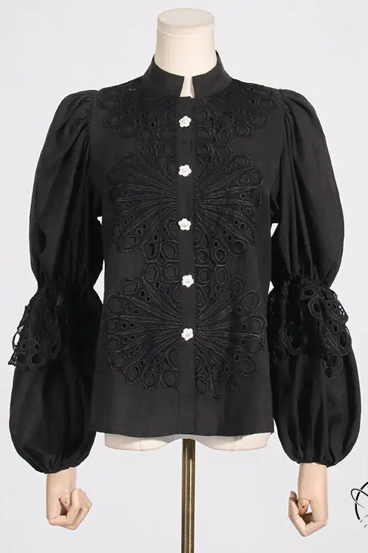 French artistic palace embroidery jumpsuit with black blouse, embroidered details, puff sleeves