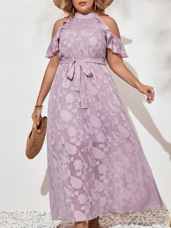Lavender purple cold-shoulder maxi dress with floral jacquard pattern for elegant fashion and ملابس