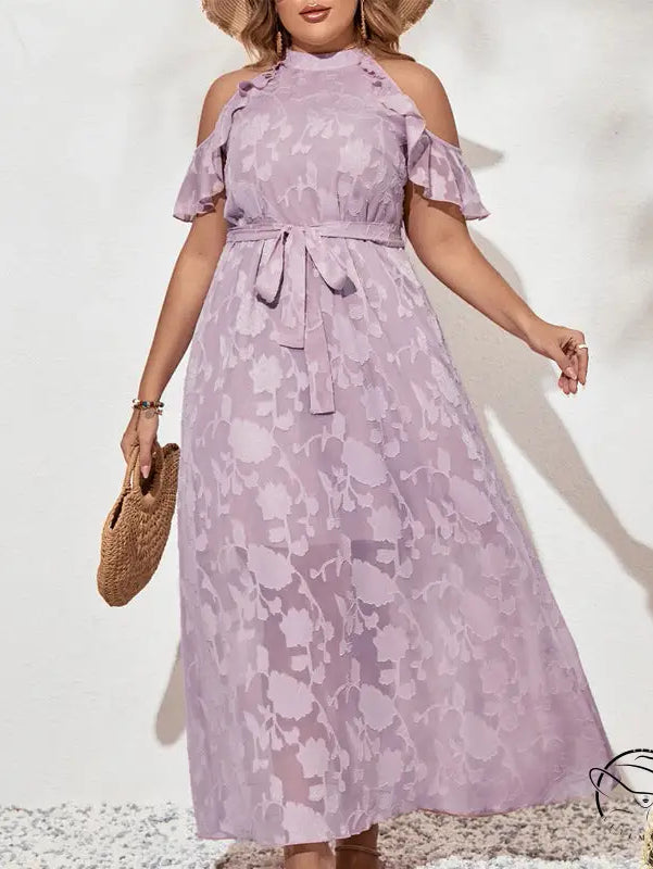 Lavender purple cold-shoulder maxi dress with tie-waist floral jacquard, French Sweet Wooden fashion