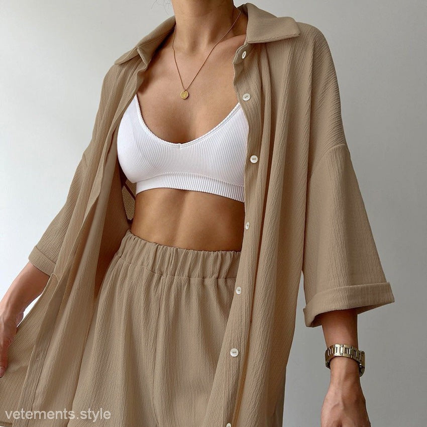 Tan shirt and pants set with white bralette for comfy loose loungewear