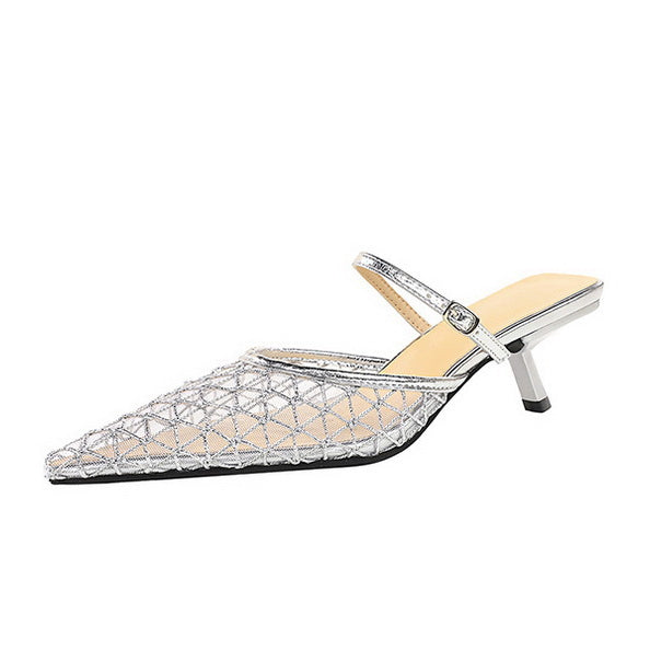 Langry fashion silver metallic kitten heel mule sandal with geometric pattern and slingback strap