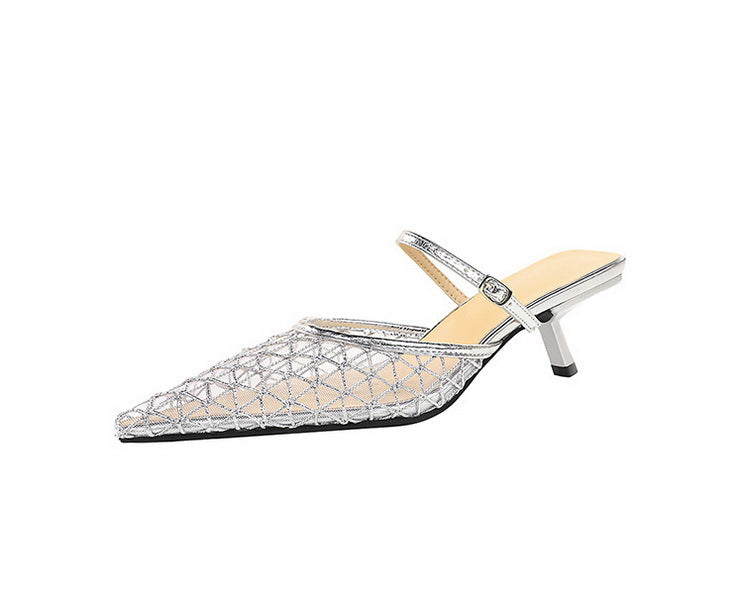Langry fashion silver metallic kitten heel mule sandal with geometric pattern and slingback strap