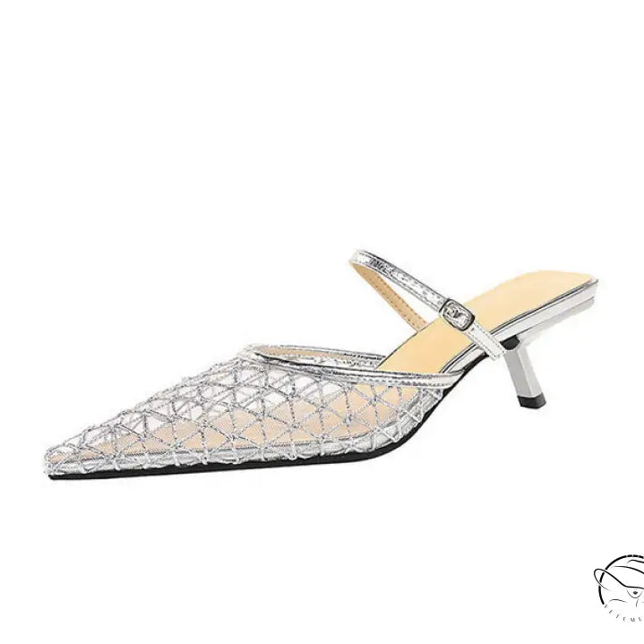 Langry fashion silver metallic kitten heel mule sandal with geometric pattern