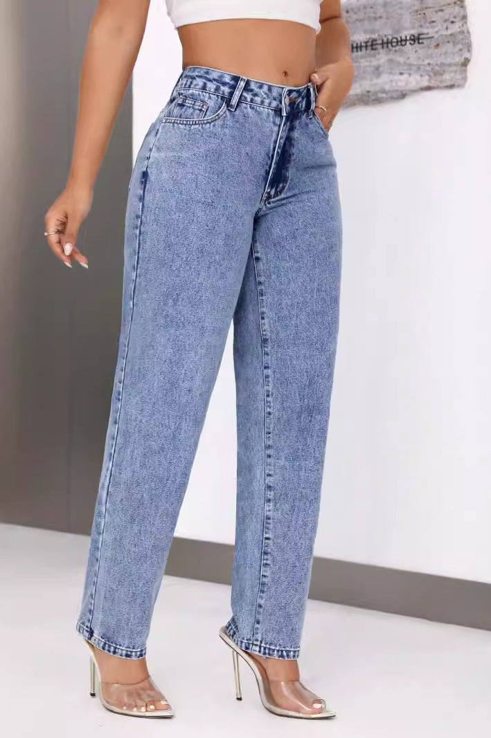 Light-wash women retro high waist denim straight leg trousers for a classic style