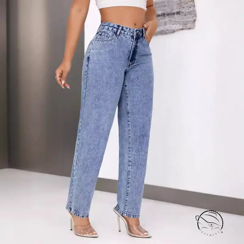 Women retro high waist straight leg denim jeans in light wash