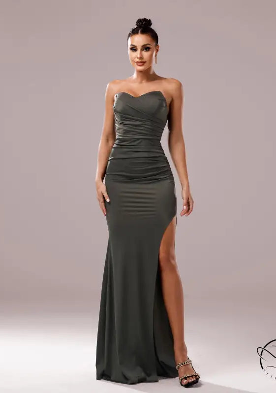 Strapless olive green cocktail evening dress with thigh-high slit