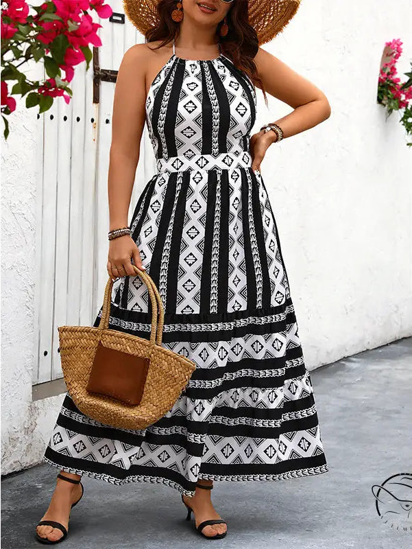 Black and white patterned halter Vacation Bare maxi dress