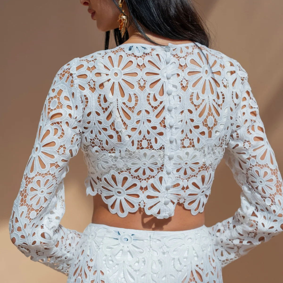 White floral lace crop top and skirt set, slim fit hollow out lace tops skirt ensemble