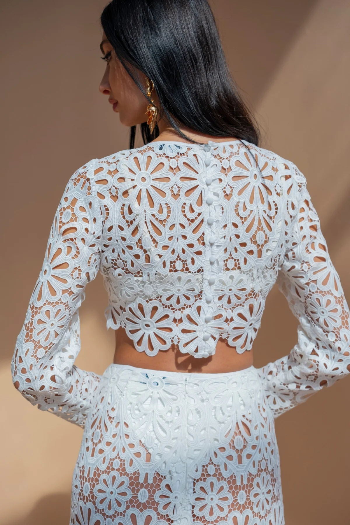 White floral lace crop top and skirt set, slim fit hollow out lace tops skirt ensemble