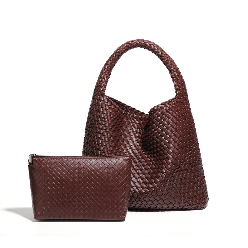 Woven brown leather handbag with pouch, a stylish accessory for your fashion needs