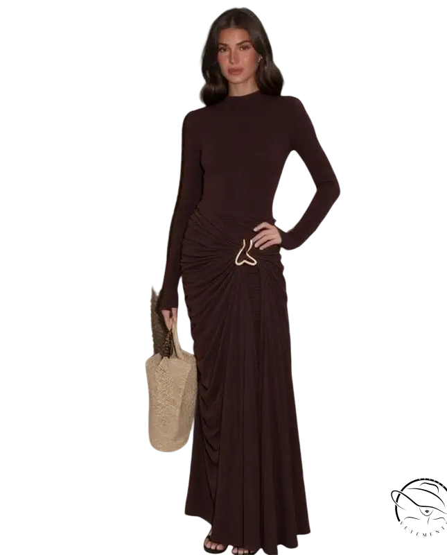 Langry French stylish waist-tight sheath dress in dark brown fashion ملابس