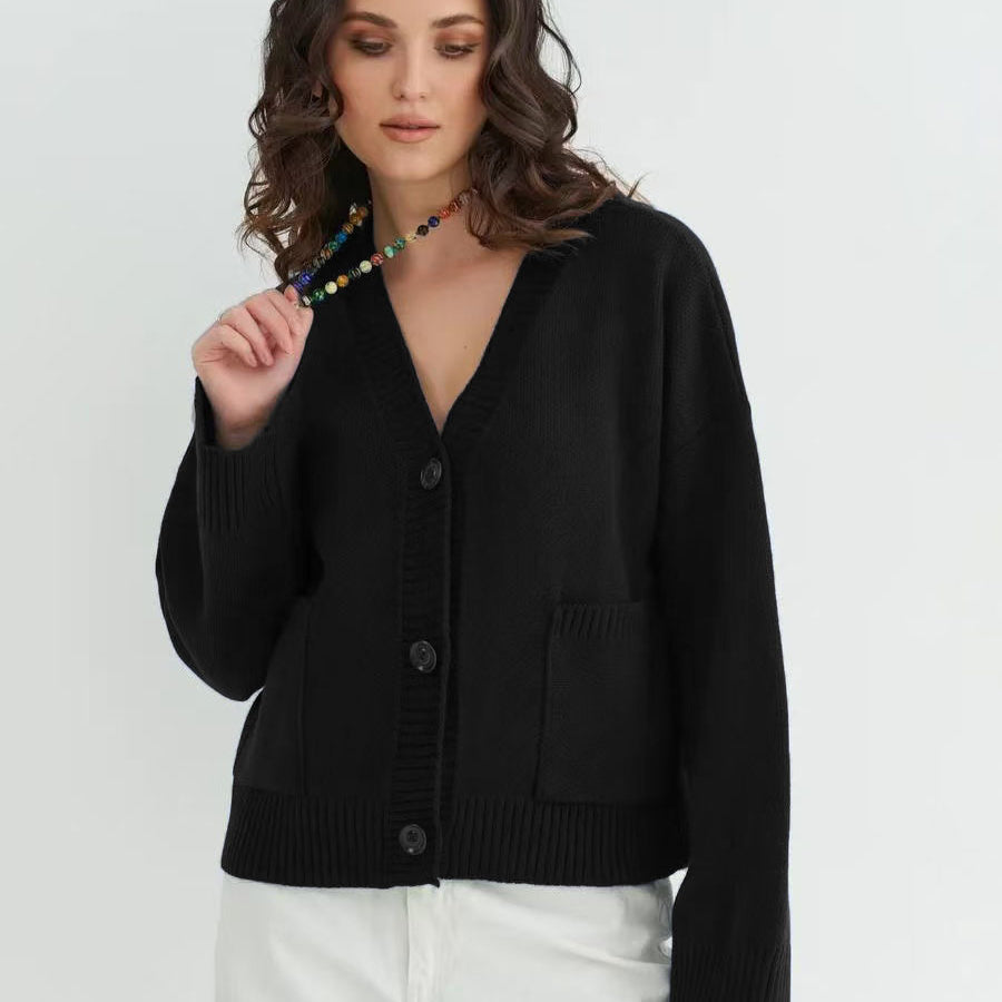 Black v-neck knitted cardigan sweater coat with soft design