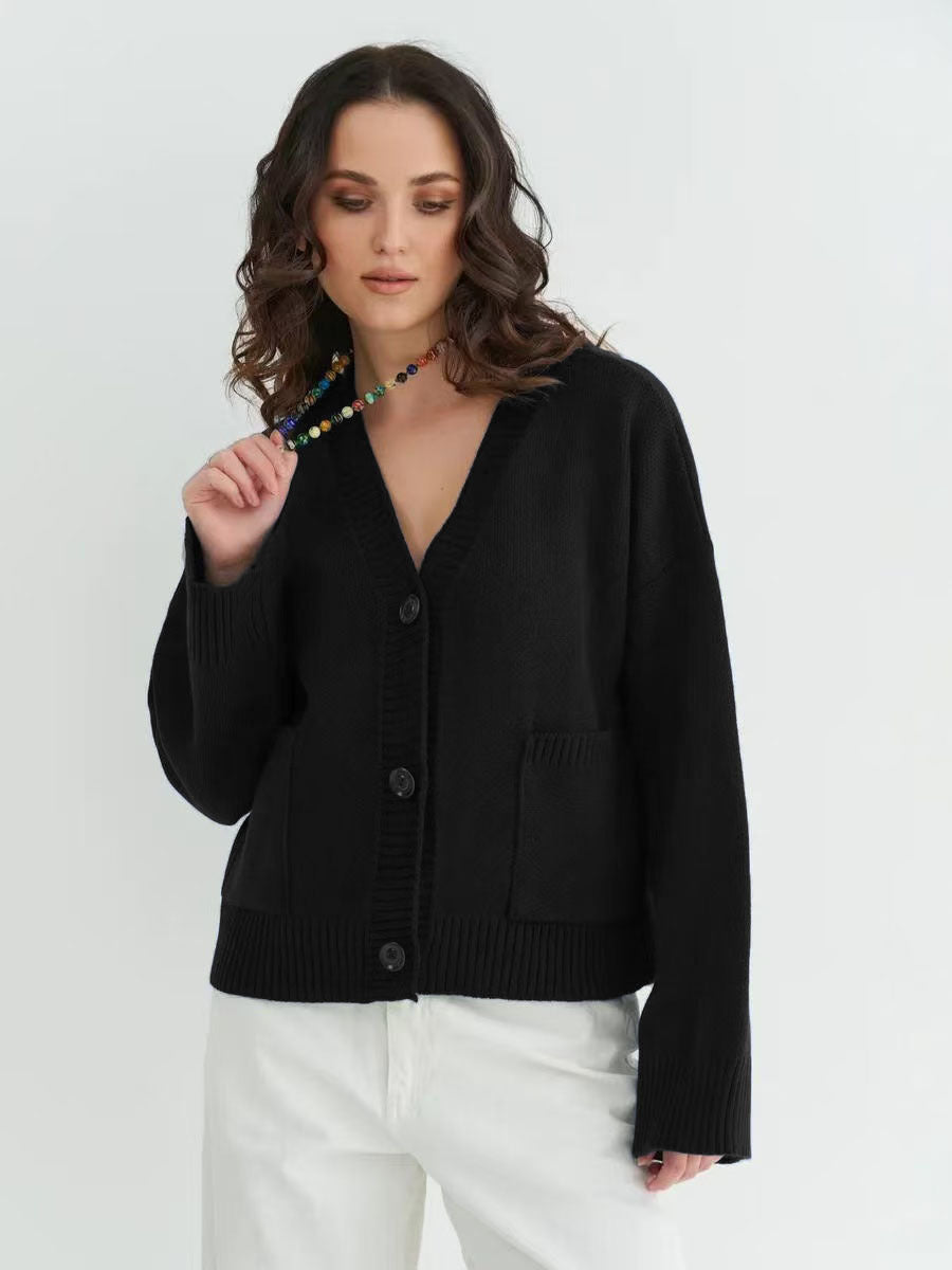 Black v-neck knitted cardigan sweater coat with soft design
