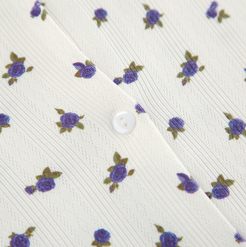 Floral-patterned white fabric with button from White Knitted Jacquard Printed Pajamas, elegant ملابس for lantry fashion