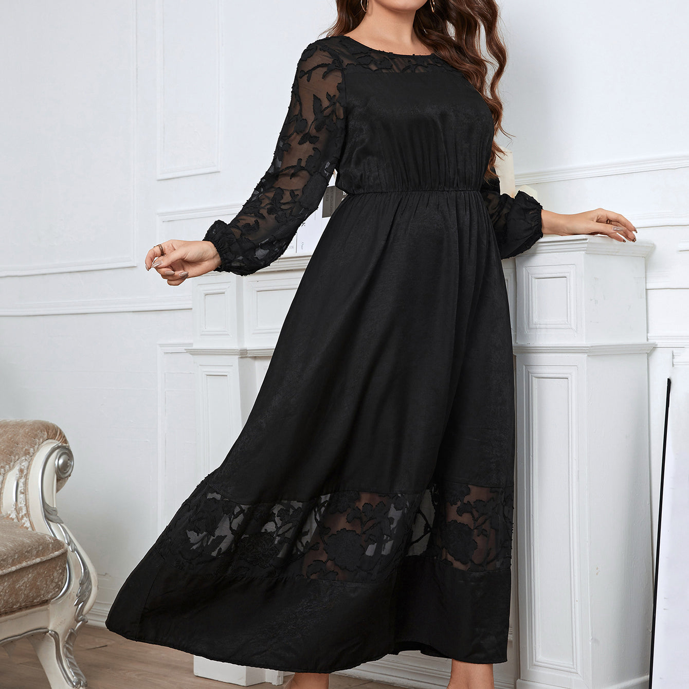 Black floral-accented maxi dress in elegant lace dress for sophisticated evening wear