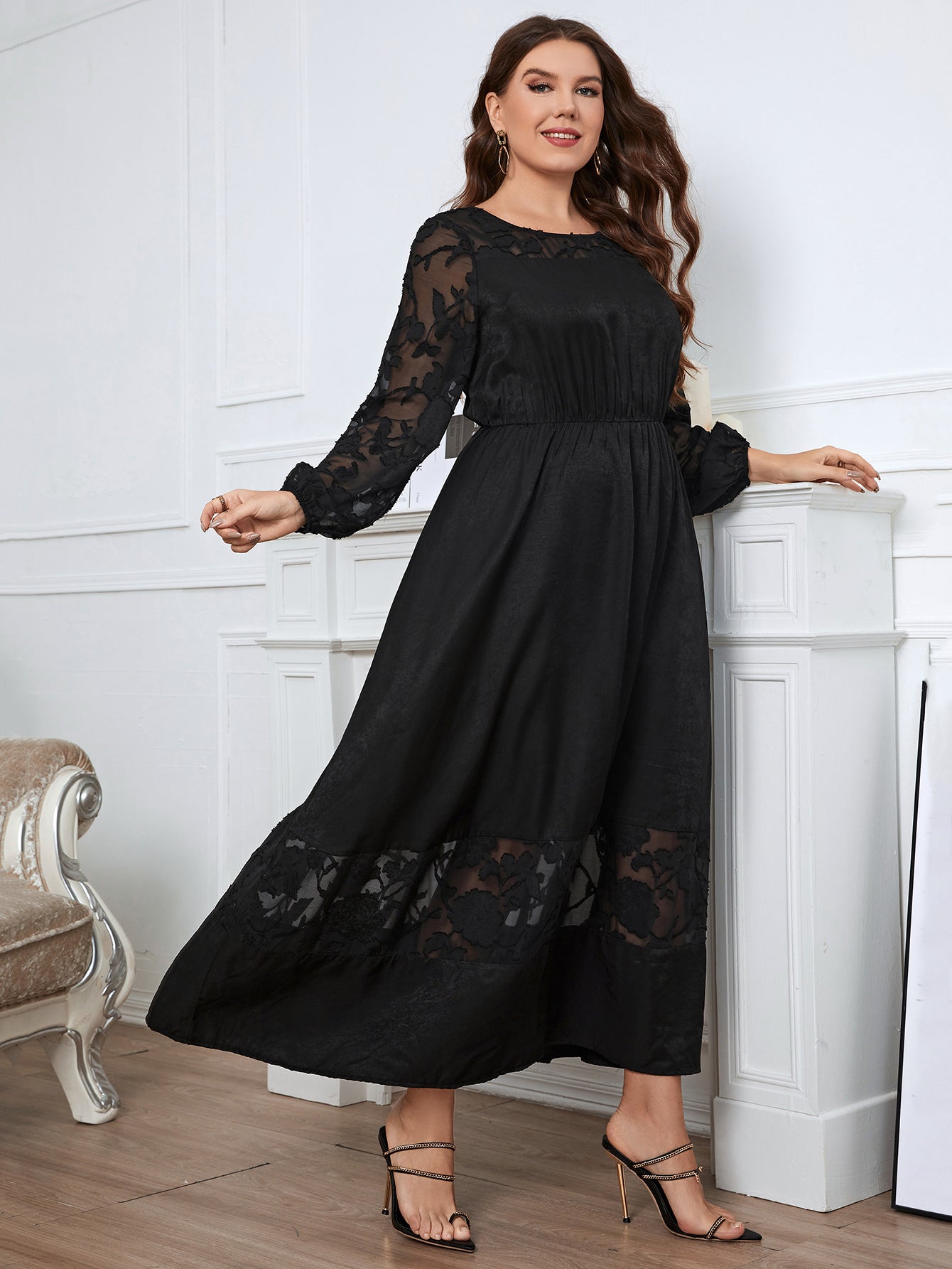 Black floral-accented maxi dress in elegant lace dress for sophisticated evening wear