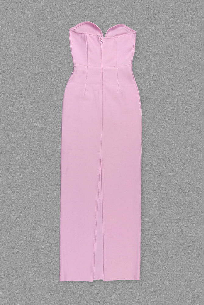 Strapless pink maxi dress with a chic slit, perfect for elegant evening fashion