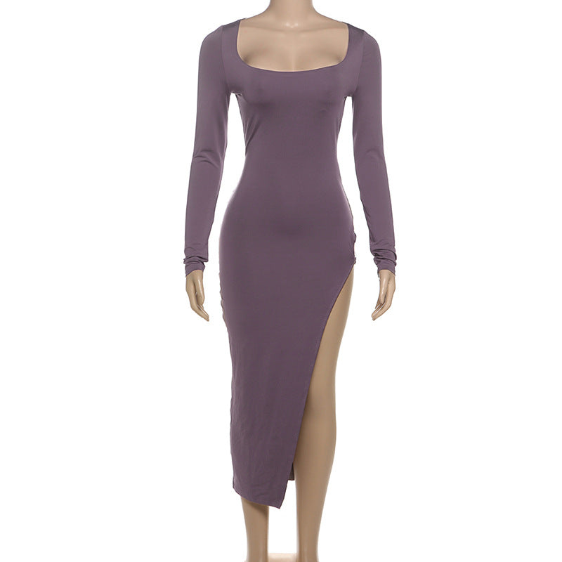 Elegant long-sleeved square-neck maxi dress with thigh slit for fashionable style