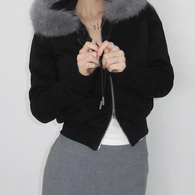 Black retro loose fur warm coat with a stylish fur collar showcasing fashion and ملابس elegance