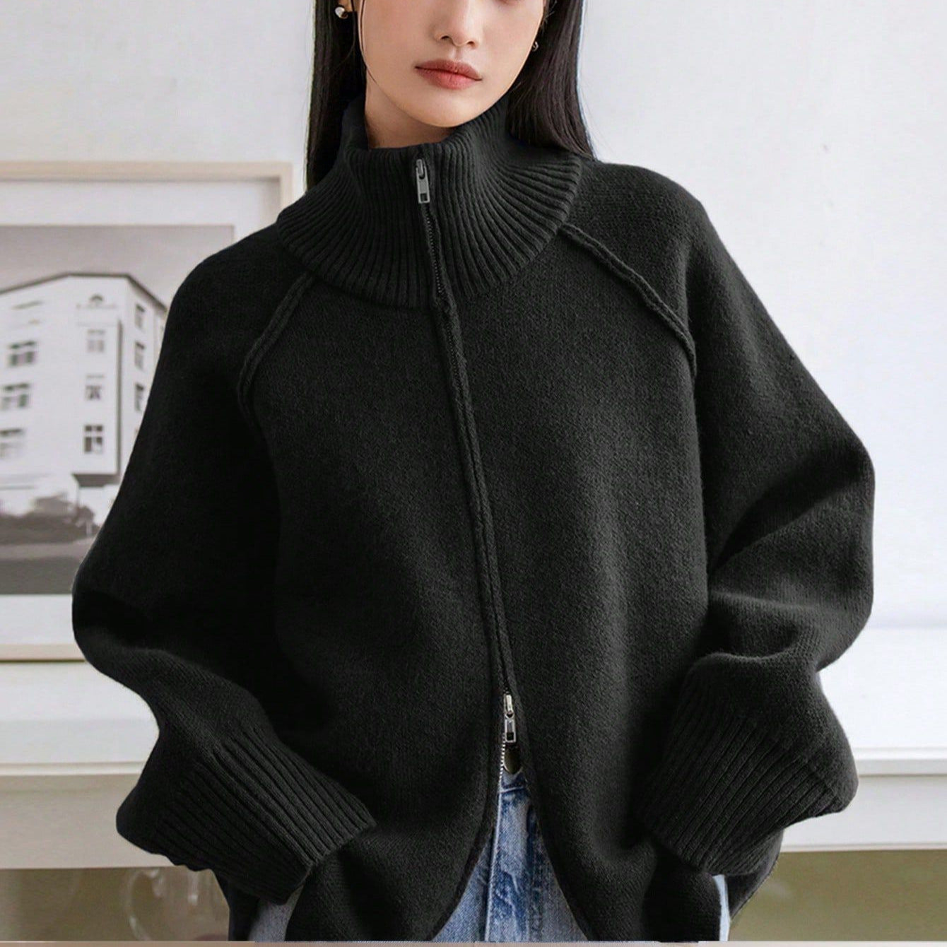 Winter Korean Stand Collar Zipper Knitted Cardigan Top