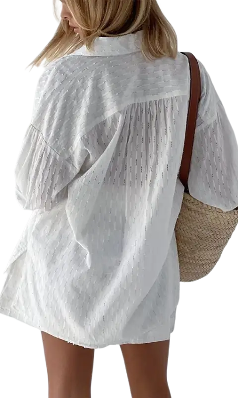 White sheer embroidered blouse in French jacquard pajamas set