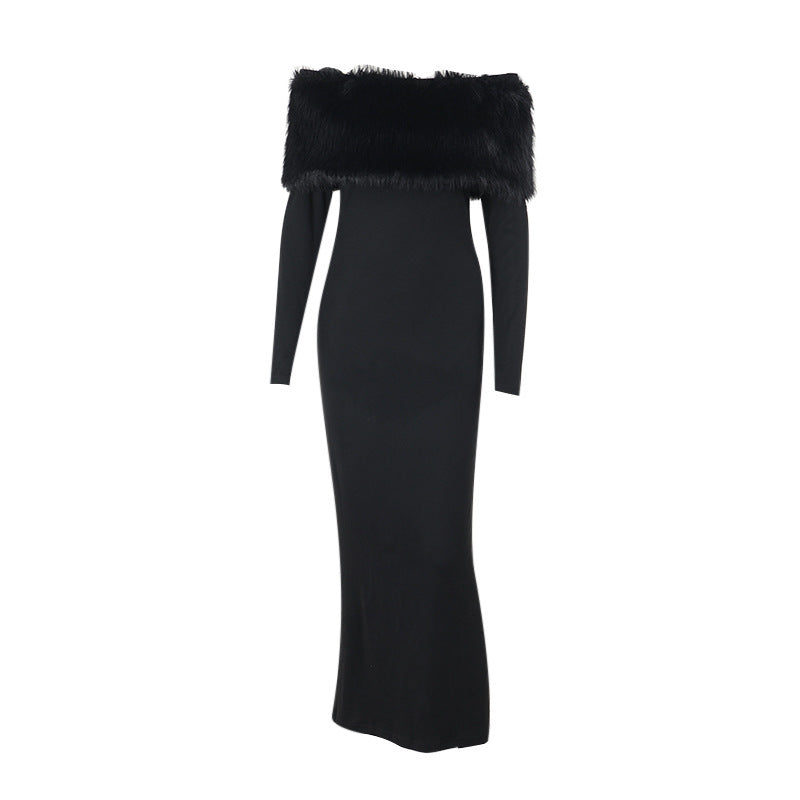 Black off-the-shoulder long-sleeved dress with fur trim, elegant fashion ملابس for women